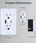 Smooth USB Outlet With LED Night Light, Heavy Duty 15A Electrical Socket dimensions on wall, showing faceplate and components.