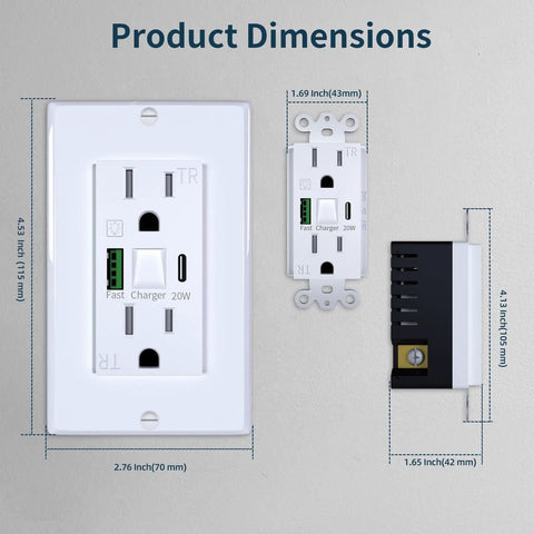 Smooth USB Outlet With LED Night Light, Heavy Duty 15A Electrical Socket dimensions on wall, showing faceplate and components.