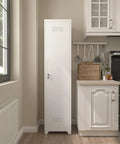 Slim Broom Storage Cabinet With Shelves And Hanging Rod Locking Door Metal Cabinet For Tight Spaces in white kitchen