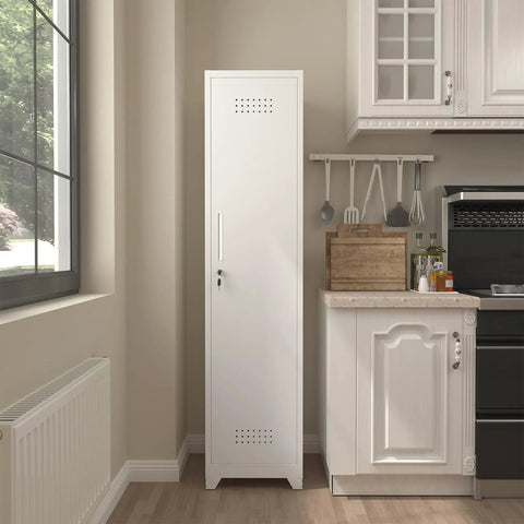 Slim Broom Storage Cabinet With Shelves And Hanging Rod Locking Door Metal Cabinet For Tight Spaces in white kitchen