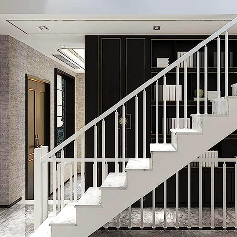 Adjustable 270 Degree Floor Mount Stair Railing With Square Metal Spindles White Banister Post For Deck Porch Or Backyard Steps Rockin Tough As Nails Iron Frame With Hella Smooth Coating And Slick Modern Appeal in modern home interior.