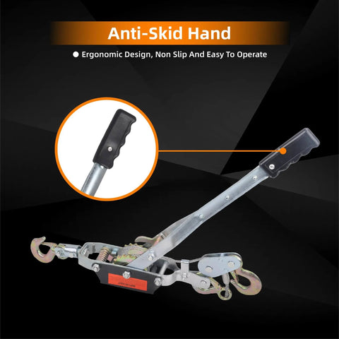 Close-up of anti-slip handle on 5 Ton Dual Gear Power Puller With 3 Hooks Heavy Duty Steel Cable Come Along Winch Hand Winch