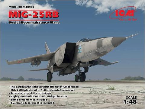 MiG 25RB Soviet Reconnaissance Plane Model Kit 1 48 Scale For Assembly And Painting With Four Dope Decal Options And Bomb Parts