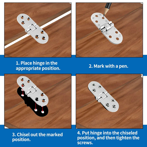 Step-by-step assembly guide for Heavy Duty Zinc Alloy Flip Top Hinges For Folding Tables, 3.1 X 1.18 Inch size.