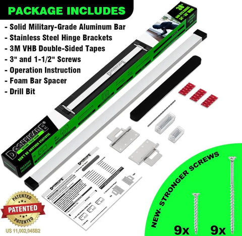 Heavy Duty Door Security Bar For Inward Swing Front Doors Fits 32 To 36 Inches Built Tough With Wall Stud Mount And 2000 Pound Resistance For Real Home Safety No Drilling Required And Solid Metal Bar With 3 Inch Screws, includes aluminum bar, screws, brackets