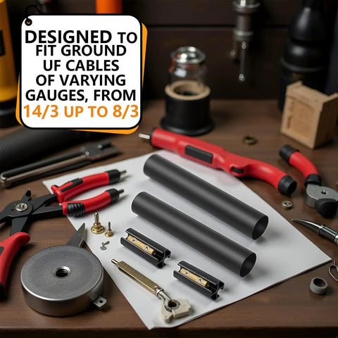 Heavy Duty Underground Wire Splice Kit For 14/3 To 8/3 UF Cables 600V Direct Burial With Waterproof Heat Shrink Connectors And Adhesive Lined Tubing shown unassembled with tools