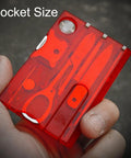 14-In-1 Survival Card Tool With LED Light, ultra compact 2Cr13 stainless steel multitool in card size, black red, handheld view