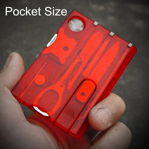 14-In-1 Survival Card Tool With LED Light, ultra compact 2Cr13 stainless steel multitool in card size, black red, handheld view