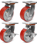 Rock Solid Heavy Duty Caster Wheels With Tough Polyurethane Treads And Rustproof Cast Iron Cores For Platform Dollies And Military Gear 4000 Lb Rating Two Brake Two Swivel set of four wheels with red treads.