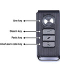 113dB Vibration Sensing Bike Alarm With Remote And Wireless Receiver, showing arm, disarm, panic, and chime keys for security system