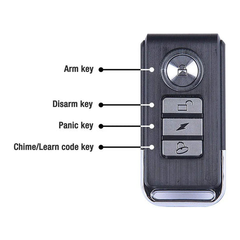 113dB Vibration Sensing Bike Alarm With Remote And Wireless Receiver, showing arm, disarm, panic, and chime keys for security system
