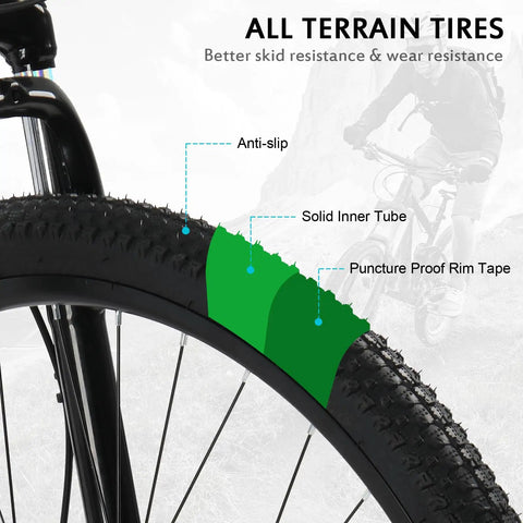 27.5 Inch Mountain Bike With Suspension Fork, Dual Disc Brakes, 21 Speed Shifting, tire detail, anti-slip, all terrain