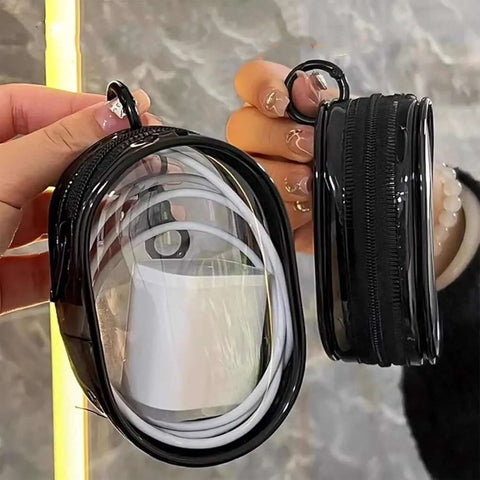 Clear Waterproof Travel Pouch For Phones And Chargers Slick Zip Closure Cable Organizer Rigid Shell with cables inside.