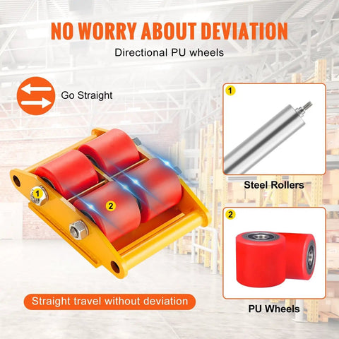 Heavy Duty Industrial Machinery Mover Dolly Built Tough With Four Smooth Rolling Pu Swivel Casters And Eight Ton Capacity showing directional PU wheels for stable movement.