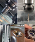 Collage of Beefy DLC Coated Carbide Thread Milling End Mills for Aluminum showing threading process and finished threaded parts
