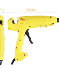 300W Industrial Hot Glue Gun With Adjustable Switch, side and front views, yellow, showing dimensions of 10.4in x 8.66in