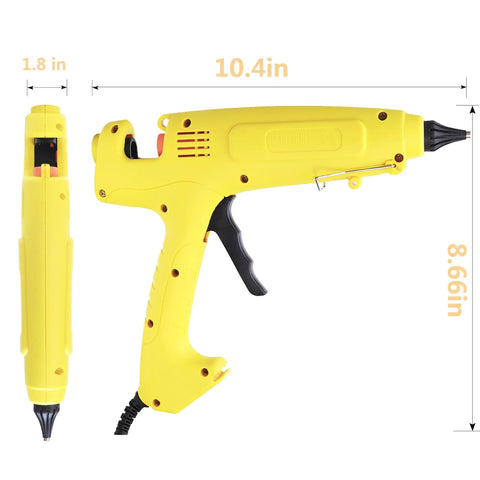300W Industrial Hot Glue Gun With Adjustable Switch, side and front views, yellow, showing dimensions of 10.4in x 8.66in