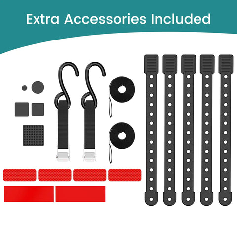 Extra accessories included for Folding Trike Rack Hitch Mount For Etrikes And Ebikes Beastly Heavy Duty Bike Carrier Supports Up To 270 Lbs Durable Steel With Easy Fold And Secure Load For Daily Hauling: straps, hooks, pads