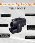 Close-up of Upgraded NACS to CCS Adapter With 500A 1000V Fast Charge For Tesla Supercharging detailing safety features and materials.