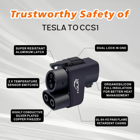 Close-up of Upgraded NACS to CCS Adapter With 500A 1000V Fast Charge For Tesla Supercharging detailing safety features and materials.