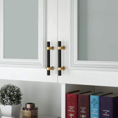 Black and Gold Cabinet Pulls Set, 25 Pack, 3 Inch Center to Center Modern Kitchen Handles on white cabinet doors