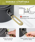 Close-up of folding handle on nonstick camping cookware mess kit with safety instructions.