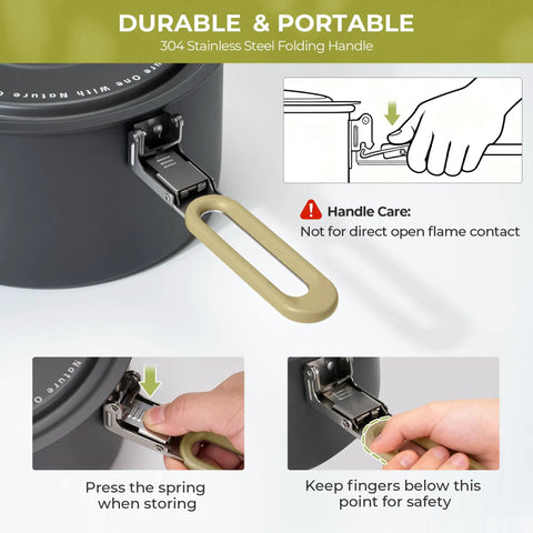 Close-up of folding handle on nonstick camping cookware mess kit with safety instructions.