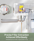 Close-up view of the internal mechanism showing the 20 Bar espresso machine's pressure gauge and extraction system.