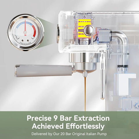 Close-up view of the internal mechanism showing the 20 Bar espresso machine's pressure gauge and extraction system.