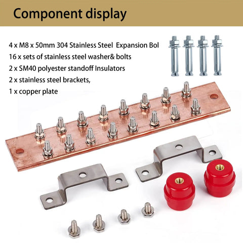 Heavy Duty 10 Inch Copper Ground Bar Kit With 900A Grounding Busbar And UL Recognized SM40 Insulators component display