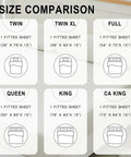 Grounding Sheets King Size With Fifteen Percent Silver Fiber And Eighty Five Percent Cotton Includes Outlet Tester Grounded Sheet Kit Fitted Bed Sheet Earth Connected Bedding White For Real Sleep Setup size comparison chart with dimensions for twin, twin XL, full, queen, king, and CA king.