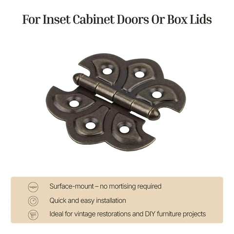 Heavy Duty Antique Brass Butterfly Cabinet Door Hinges Pack Of Two Surface Mount Furniture Hardware With Screws For Woodworking Builds And Crafts That Look Super Sick, detailed front view.