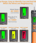 Non Contact AC Voltage Tester For DIYers With Adjustable Sensitivity 12-1000V And 48-1000V LCD Display showing voltage ranges