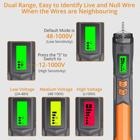 Non Contact AC Voltage Tester For DIYers With Adjustable Sensitivity 12-1000V And 48-1000V LCD Display showing voltage ranges