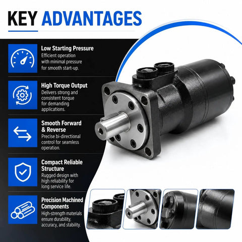 Heavy Duty Workhorse Orbital Gerotor Hydraulic Motor With Low Speed High Torque And Bidirectional Forward Reverse Operation, showcasing advantages features.