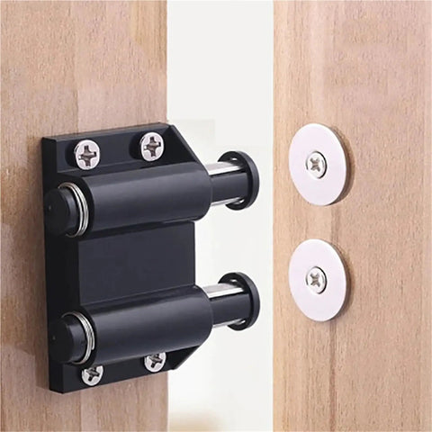 Close-up of 4 Pack Magnetic Cabinet Latches with double round head touch catch push to open mechanism on wooden door