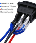 Back view of Waterproof Momentary Polarity Reverser Switch 12V DC 10A with colored wiring harness and connection labels