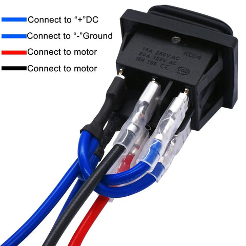 Back view of Waterproof Momentary Polarity Reverser Switch 12V DC 10A with colored wiring harness and connection labels
