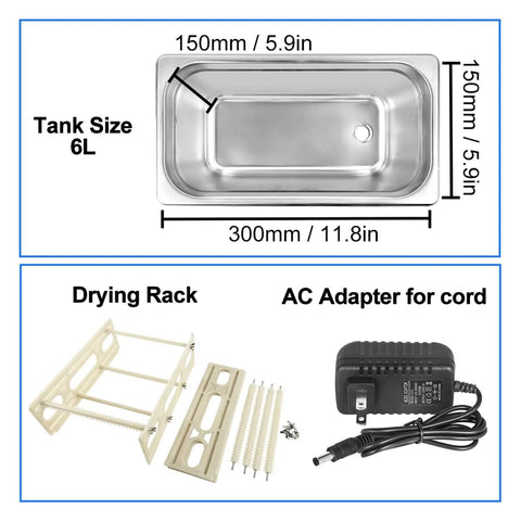 Straight Fire Vinyl Record Washer And Ultrasonic Cleaner With Six Liter Heated Tank showing 6L stainless steel tank and drying rack.