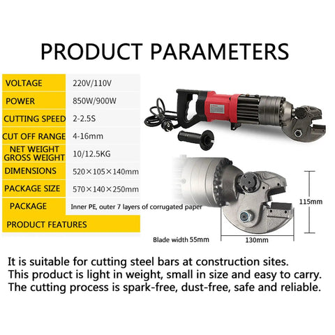 Electric Hydraulic Rebar Cutter Portable 4 to 16mm Pro Grade Rebar Cutting Tool with specifications and dimensions displayed