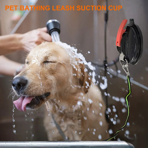 Heavy Duty Vacuum Suction Cup Anchor Kit used as pet bathing leash suction cup with a dog being washed