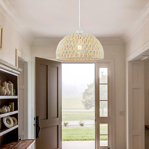 Rattan Pendant Light With Hemp Rope Cord, Boho Wicker Basket Shade, Cream Finish, Plug In Ceiling Fixture in entryway