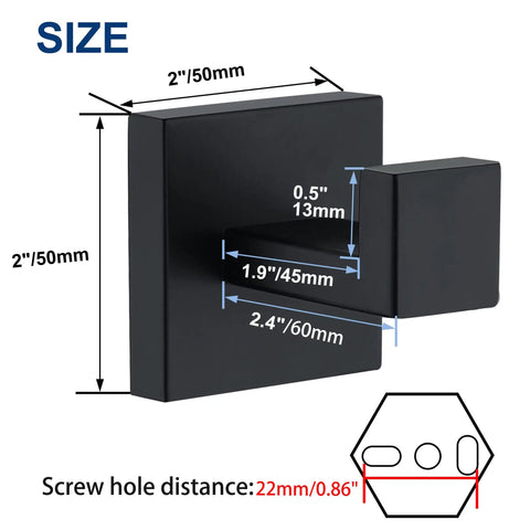 Matte Black Towel Hooks For Bathroom And Kitchen Tough As Nails Heavy Duty Stainless Steel SUS304 Wall Mount Coat And Towel Hangers Square Modern Design 4 Pack Rust Resistant For Towels Coats Sponges with size dimensions diagram