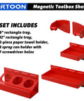 Magnetic Toolbox Tray Set 4 Piece With 6 Inch And 12 Inch Trays Paper Towel Holder 3 Spray Can Holders And 7 Screwdriver Holes Heavy Duty Powder Coated Steel Magnetic Organizer For Garage Or Shop Red displayed on white background