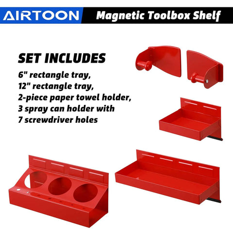 Magnetic Toolbox Tray Set 4 Piece With 6 Inch And 12 Inch Trays Paper Towel Holder 3 Spray Can Holders And 7 Screwdriver Holes Heavy Duty Powder Coated Steel Magnetic Organizer For Garage Or Shop Red displayed on white background