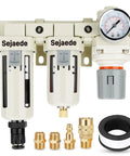 Three Eighths Inch NPT Air Compressor Filter Dryer With Auto And Semi Auto Dual Drain, connectors, PTFE tape, and gauge
