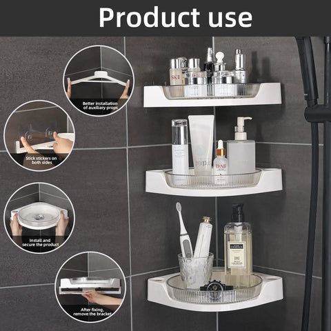 Super Sturdy Premium Three Tier Corner Shower Caddy With Slick 360 Spin Lazy Susan Tray And No Fuss Wall Mount in bathroom