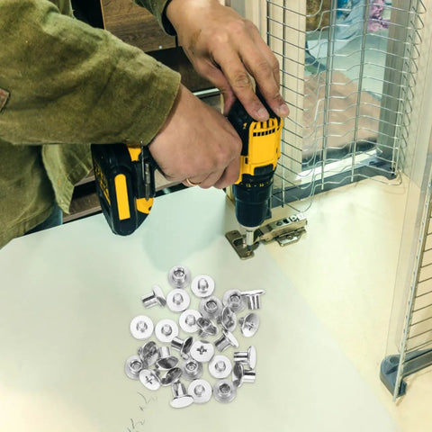 Person using a drill with Carbon Steel Binding Screws And Scrapbook Post Fasteners For Photo Albums And Documents Silver Finish.