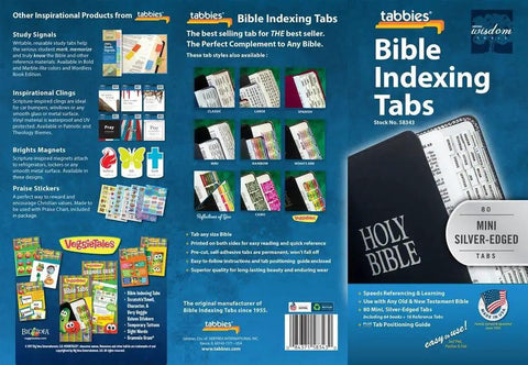 Straight Up Supercharge Your Bible Study With These Rock Solid Silver Edged Tabs Self Adhesive Mini Index Stickers For Compact Personal Study Bibles Old And New Testament Book Markers With Guide, showcasing the colorful packaging of mini silver-edged Bible indexing tabs.
