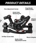 Badass Bike Disc Brake Kit Aluminum Front And Rear Caliper with detailed adjustment features and mount adapter for easy setup.